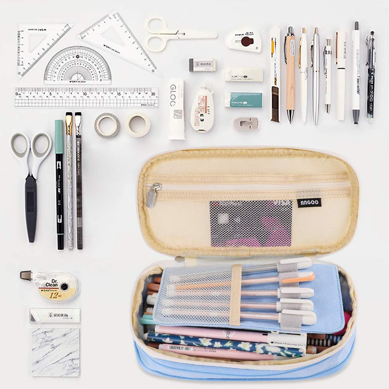 iSuperb Foldable Pencil Case Zipper Big Capacity Canvas Pencil Pouch Stationery Organizers Pen Bag Compartments Cosmetic Makeup Bags for Women Blue+Beige