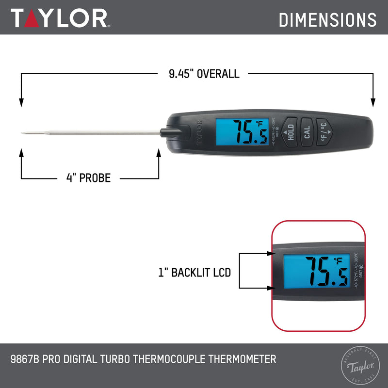 Taylor Precision Products Digital Turbo Instant Read Thermocouple Meat Food Grill BBQ Cooking Kitchen Thermometer, Folding Probe, Black
