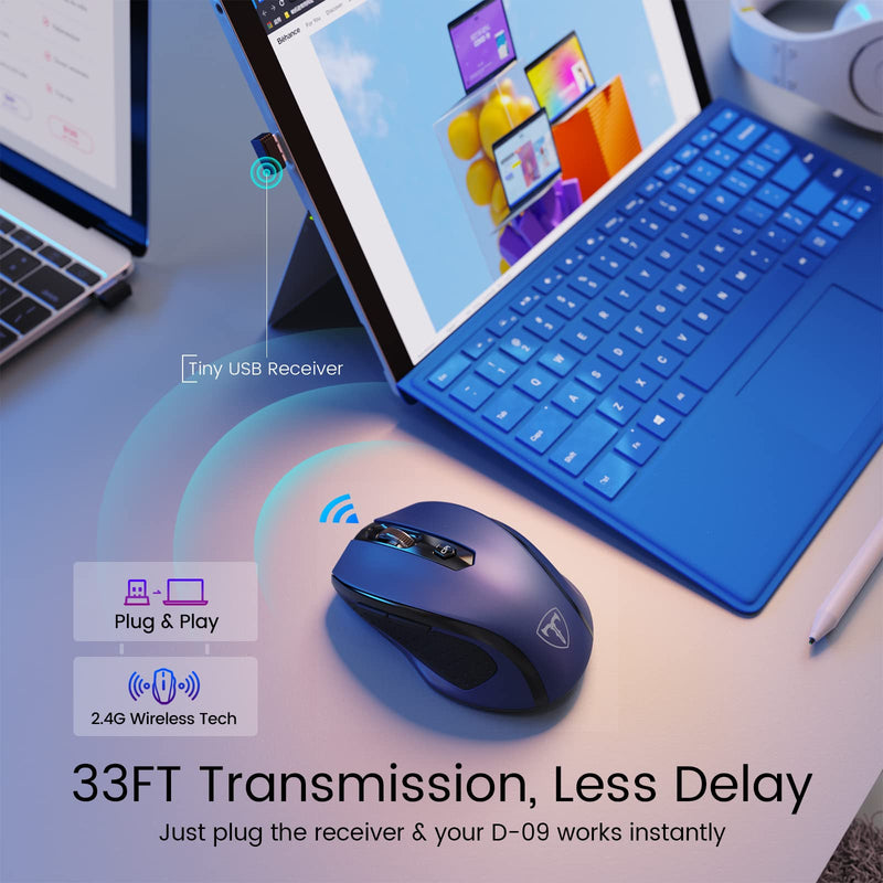 HOTWEEMS D-09 Wireless Mouse for Laptop - Ergonomic Plus Computer USB Cordless Mice, Ergo Grips, Lightspeed 5-Level 2400 DPI, 16 Months Battery, Portable for PC Mac Chromebook, 6 Button, Sapphire Blue