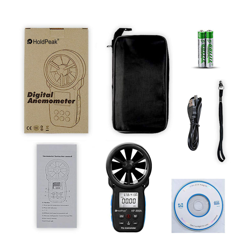 Digital Anemometer HOLDPEAK 866A Pro Handheld CFM Wind Speed Meter Via USB Connect PC Measures Wind Speed Temperature Dew Point Air Flow Meter with Data Hold & USB & Relative Humidity (Black)