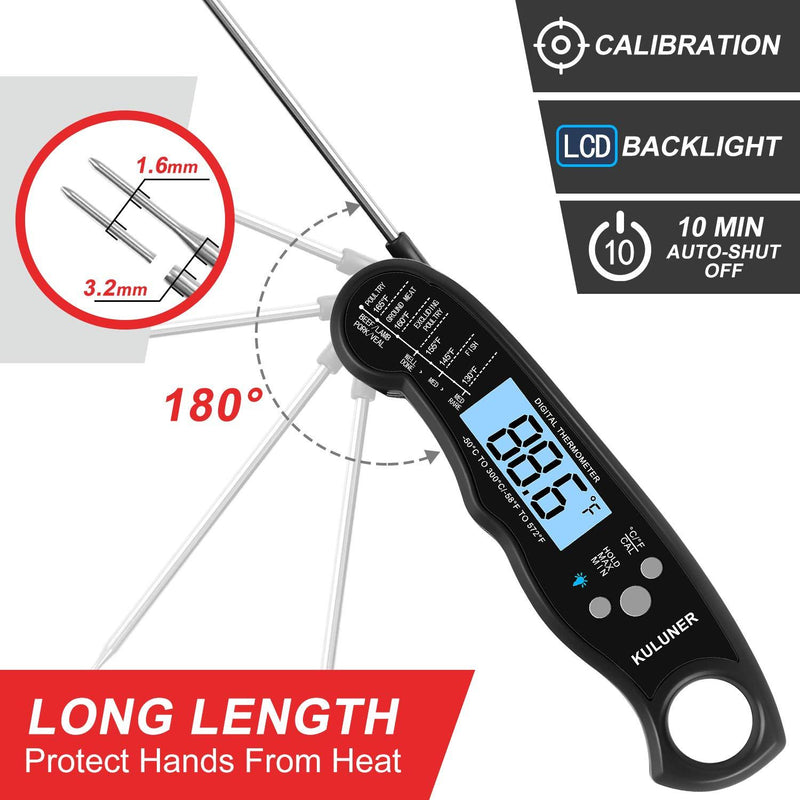 KULUNER TP-01 Waterproof Digital Instant Read Meat Thermometer with 4.6” Folding Probe Backlight & Calibration Function for Cooking Food Candy, BBQ Grill, Liquids,Beef(Black) black