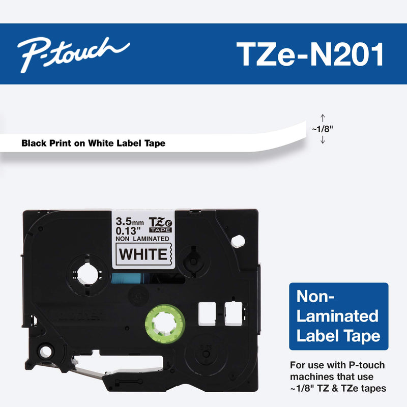 Brother Genuine P-touch TZE-N201 Tape, 9/64" (0.13") Wide Super-Narrow Non-Laminated Tape, Black on White, Recommended for Home and Indoor Use, 0.13" x 26.2' (3.5mm x 8M), Single-Pack, TZEN201