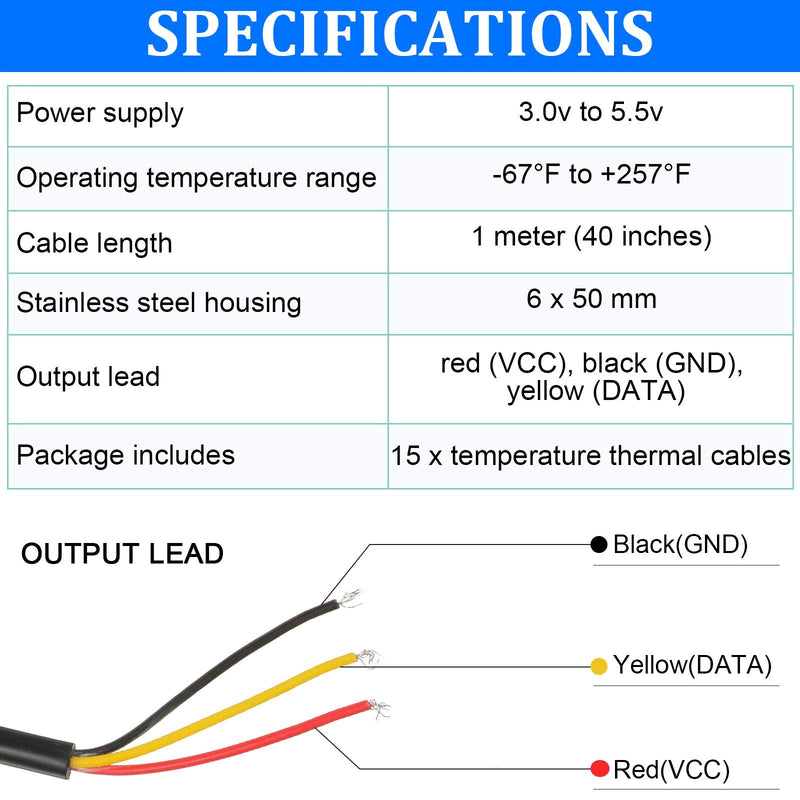 15 Pieces DS18B20 1 m/ 3.2 Ft Digital Temperature Thermal Cable Waterproof Probe Sensor -55°C to +125°C, Compatible with Arduino and Raspberry Pi