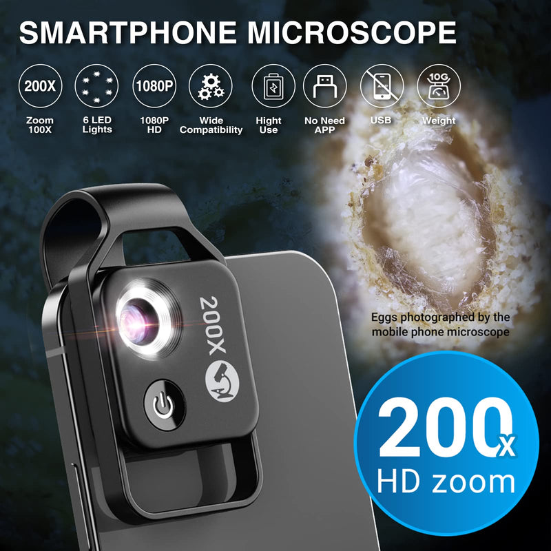 Mobile phone microscope, CAMOLO 200X USB microscopes HD digital microscope with 6 LEDs for children, teenagers, students, adults