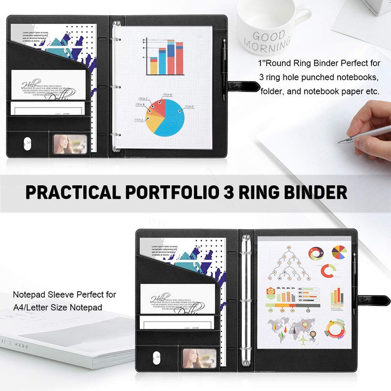Toplive Padfolio 3 Ring Binder (1'' Round Ring) Business Portfolio Folder for Interview, Conference and Presentation, Black 3 Ring Letter Size Binder