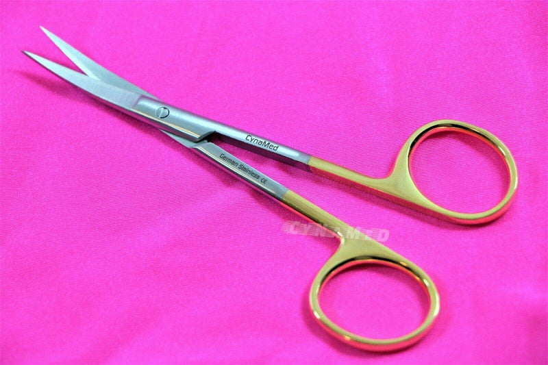 Premium German Iris Supercut Micro Dissecting Scissors Curved 4.5" with Tungsten Carbide Inserts Gold Handle (Curved Blades) CURVED BLADES