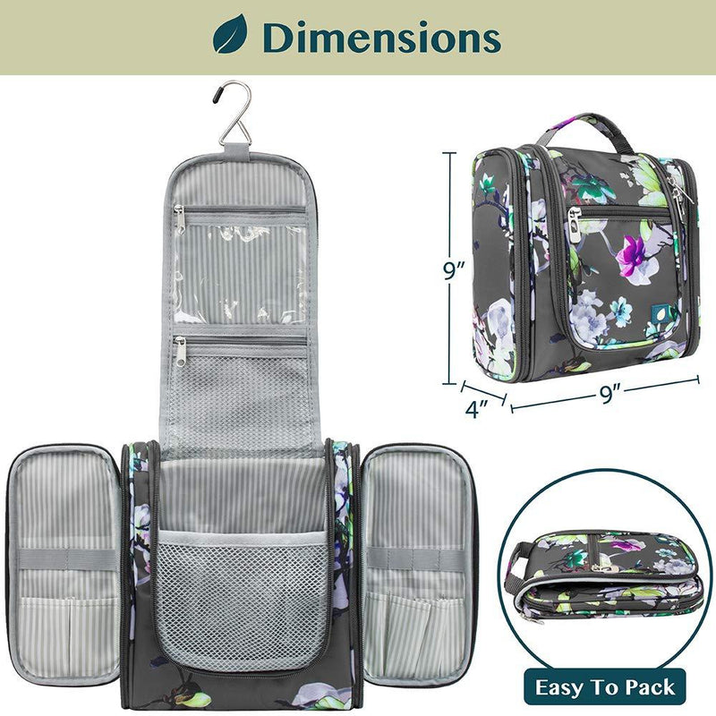 PAVILIA Hanging Travel Toiletry Bag Women Men | Cosmetics Makeup Organizer Kit Floral Grey