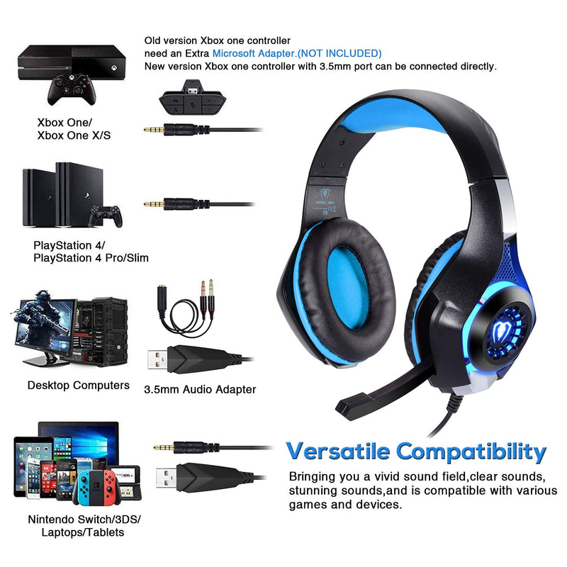 BlueFire Professional 3.5mm PS4 Gaming Headset Headphone with Mic and LED Lights for Playstation 4, PS5, Xbox one,Laptop, Computer (Blue) Blue