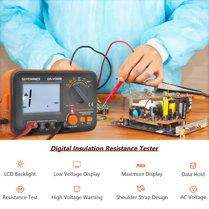 Insulation Resistance Tester Digital Ohmmeter Megohmmeter GR-VC60B+ DCV Megohmmeter Voltage Tester 250/500/1000V ACV Megohm 750V with 1999 Count Large LCD Display Data Hold Backlight