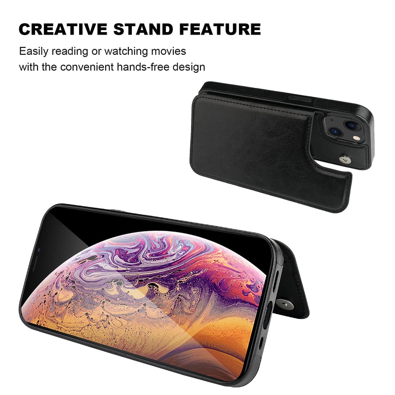 ONETOP Compatible with iPhone 13 Wallet Case with Card Holder, PU Leather Kickstand Card Slots Case, Double Magnetic Clasp Durable Shockproof Cover 6.1 Inch(Black) Black