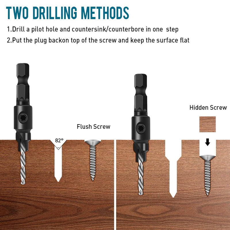 Countersink drill set for woodworking, 5-piece 1/4" twist drill with countersink attachment, 5-piece HSS twist drill with a wrench