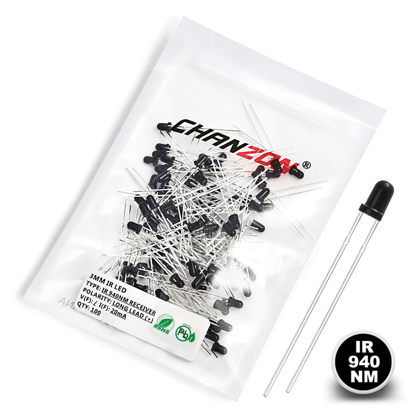 Chanzon 100 pcs 3mm Infrared Ray IR 940nm Receiver LED Diode Lights (Black Round Lens DC 20mA) Lighting Bulb Lamps Electronics Components Indicator Light Emitting Diodes G) 3mm 940nm Ir Receiver (100pcs)