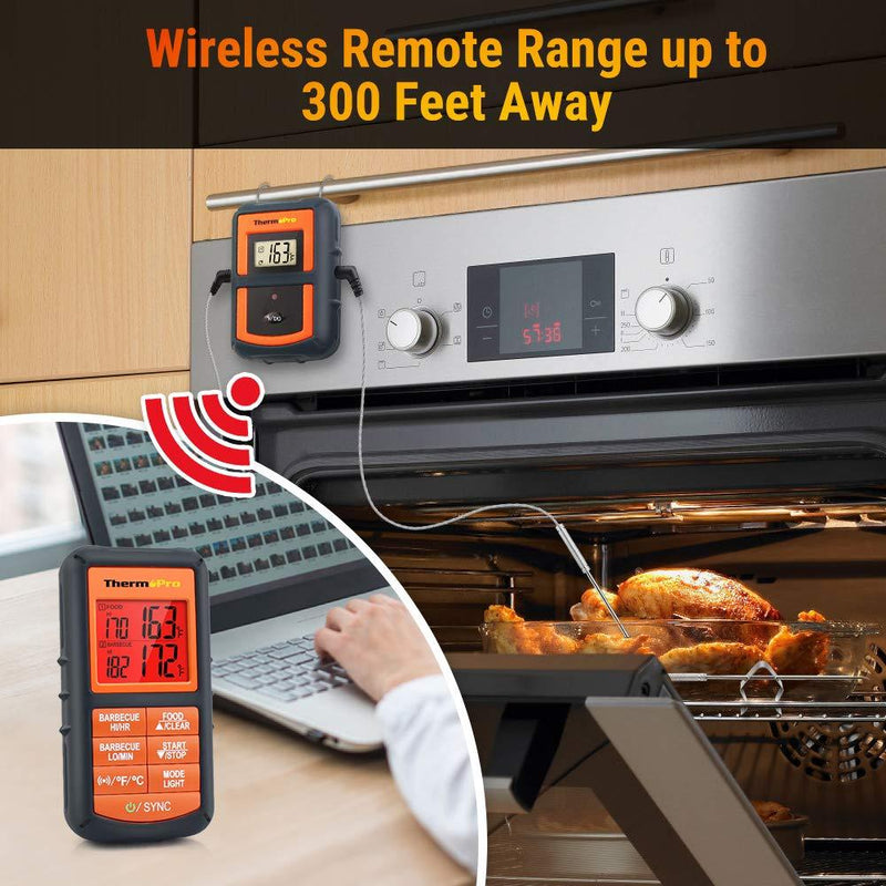 ThermoPro TP08S Wireless Digital Meat Thermometer for Grilling Smoker BBQ Grill Oven Thermometer with Dual Probe Kitchen Cooking Food Thermometer Orange