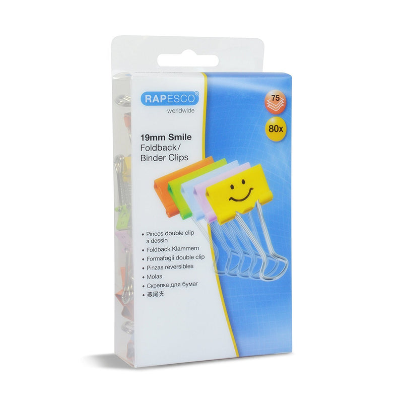 Rapesco 1428 19mm Smile Emoji Foldback/ Binder Clips, Pack of 80