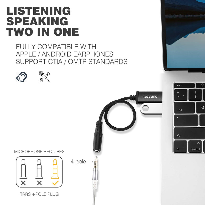 DUKABEL USB to 3.5mm Jack Audio Adapter, 2 Pack USB to Aux Cable with TRRS 4-Pole Mic-Supported USB to Headphone AUX Adapter Built-in Chip External Sound Card for PC PS4 PS5 and More [9.8 inch] 9.9 inch / 2-Pack
