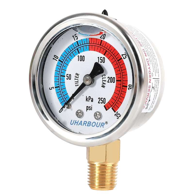 UHARBOUR Water Pressure Gauge,Glycerin Filled, 0-35 PSI/250KPA Test Gauge for The Irrigation, Pools; 2" Dial, 1/4"NPT Bottom Mount… 0-35PSI Lower Mount