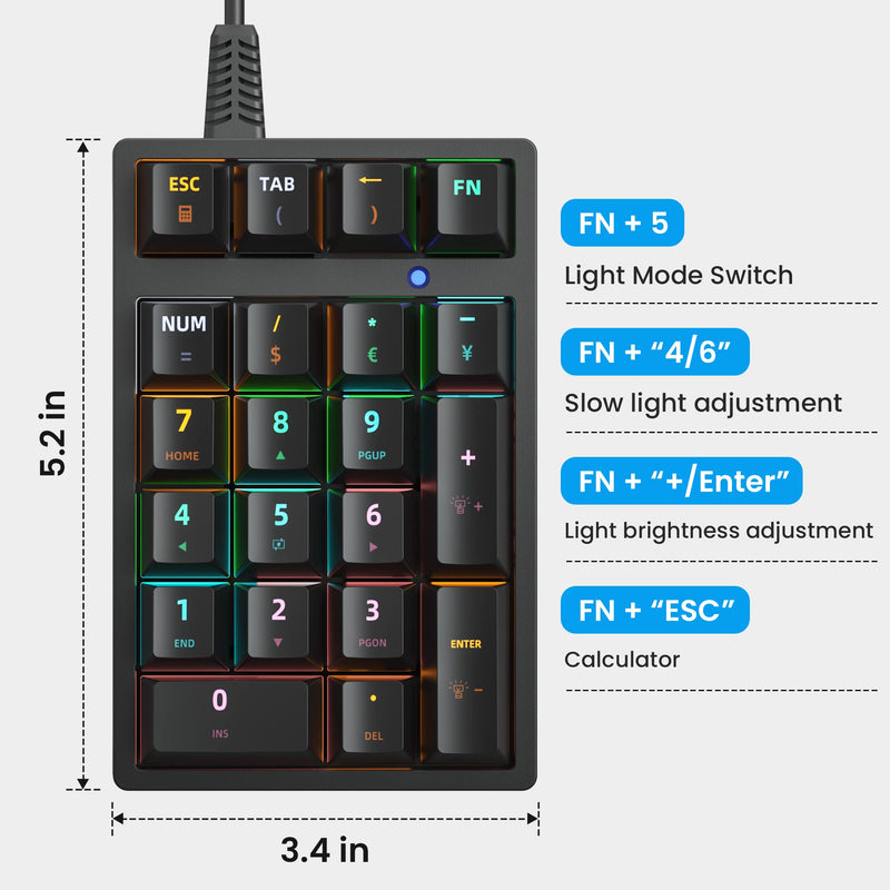 Number Pad, Mechanical USB Wired Numeric Keypad with RGB LED Backlit 21 Key Numpad for Laptop Desktop Computer PC Black (Black)