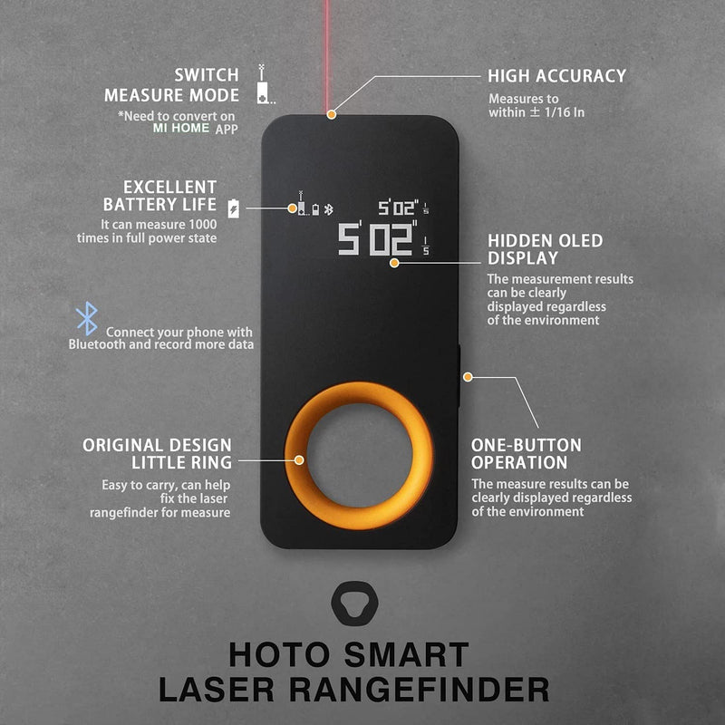 HOTO iRing Laser Tape Measure with Bluetooth, 98ft Digital Tape Measure, ±1/16-inch Accuracy, 2 Modes of The Measurement, Switchable Units M/Ft+in, Type-C Charging