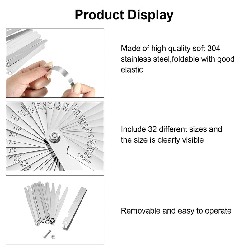 Stainless Steel Feeler Gauge Measuring Tool Dual Marked Metric and Imperial Measuring (32 Blades,0.03-1 mm)