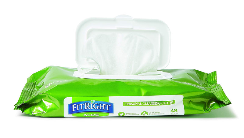 Medline-MSC263654 FitRight Aloe Personal Cleansing Cloth Wipes, Scented, Pack of 48, 8 x 12 inch Adult Large Incontinence Wipes