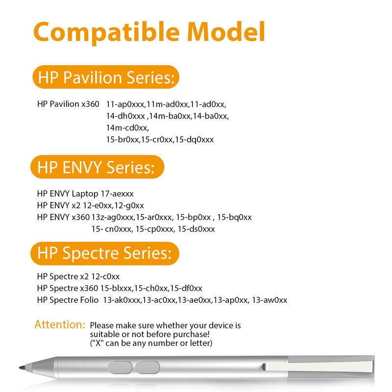 ﻿Stylus Pen for HP Pavilion x360 Touchscreen Laptop Pencil,HP Pavilion x360 11m-ad0 14M-ba0 14-cd0 15-br0;HP Envy x360 15-bp0,x360 15-cn0,X2 12-e0xx,X2 12g0xx;HP Spectre x360 13-ac0xx 15-blxxx Sliver