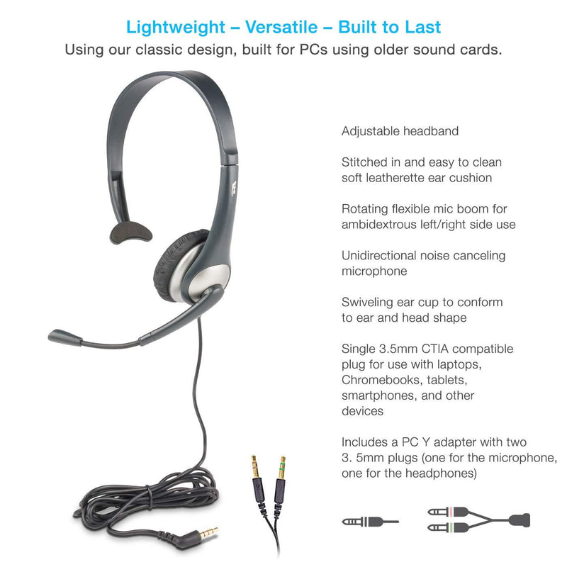 Cyber Acoustics Mono Headset, headphone with microphone, great for K12 School Classroom and Education (AC-104),Gray Single 3.5 mm + PC Y-adapter