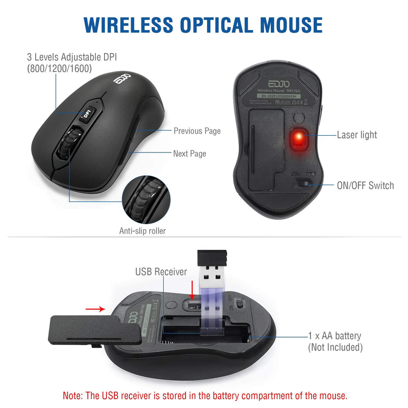 Wireless Keyboard and Mouse Combo, EDJO 2.4G Full-Sized Ergonomic Computer Keyboard with Wrist Rest and 3 Level DPI Adjustable Wireless Mouse for Windows, Mac OS Desktop/Laptop/PC black