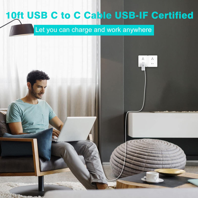 10ft 100W/5A USB C to C Charging Cable, Cord Compatible with MacBook Pro 16, 14, 15, 13 inch, New Air 2020/2019/2018, USBC iPad Pro 12.9/11, Mini 6 2021, Air 4 2020, USB-IF Certified 10ft White 1
