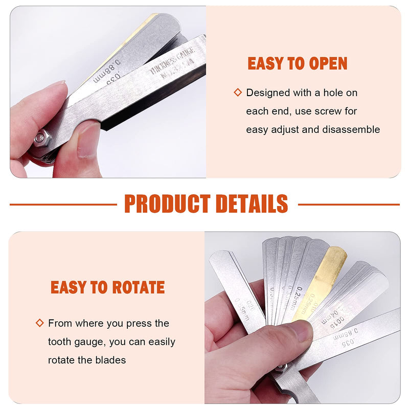 Tanstic 6Pcs Stainless Steel Feeler Gauge and Radius Gauge Set, 5Pcs R0.3-1.5/ R1-6.5/ R7-14.5/ R15-25/ R25-50 Radius Fillet Gauge with 32 Blades 0.04-0.88 mm Metric and Imperial Gap Measuring Tool