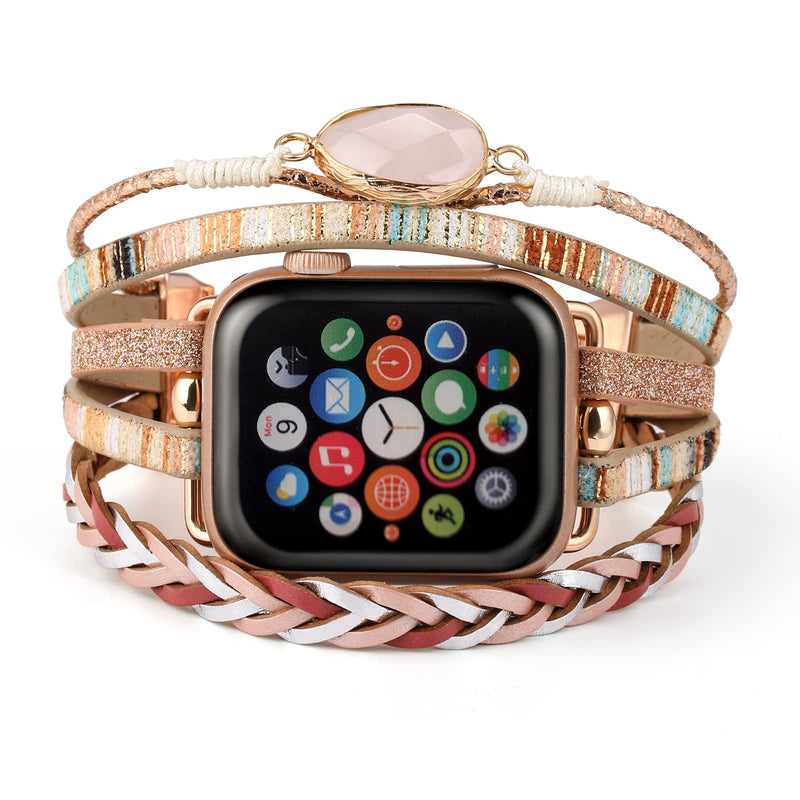 CHARMINGO Boho Leather Wrap Bands Compatible with Apple Watch Band Bracelet for Women Men 38mm/40mm/41mm 42mm/44mm/45mm/49mm, Multilayer Apple Watch Strap for Iwatch Band Series 8/7/6/5/4/3/2/1/SE Ultra Pink