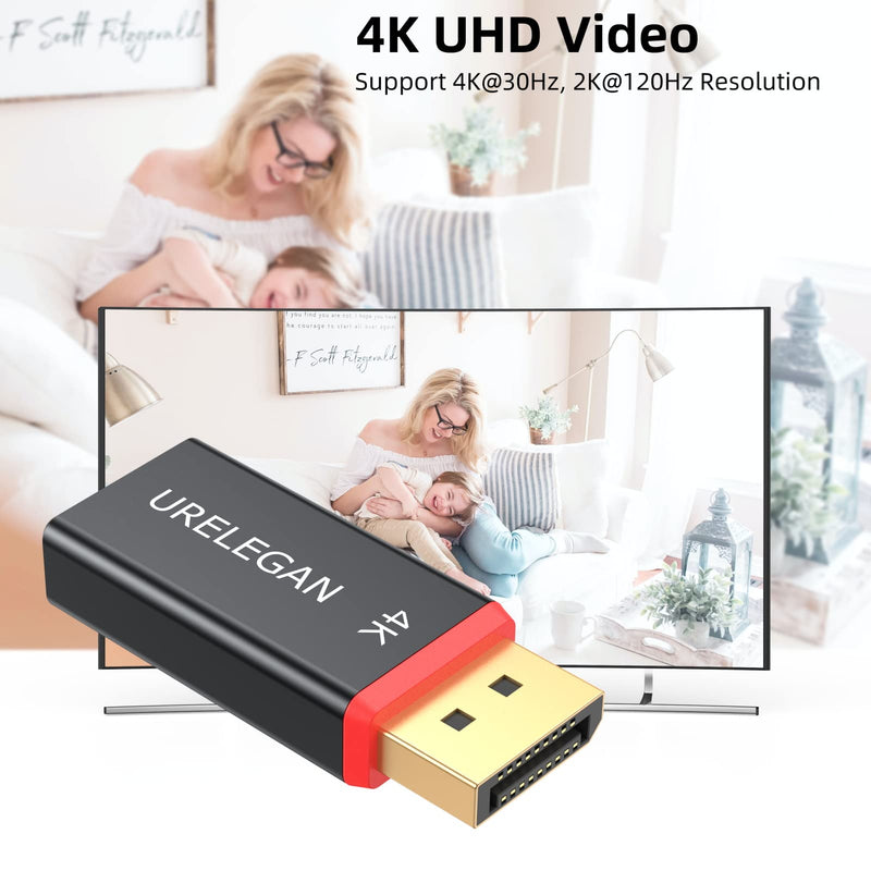 DisplayPort to HDMI Adapter 4K UHD 1-Pack (NOT USB), URELEGAN Display Port (DP) to HDMI Converter Aluminum Shell Support Video & Audio Compatible with DisplayPort Source Devices BLACK