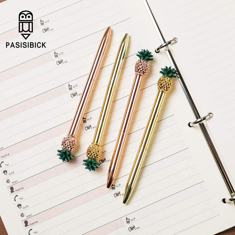 PASISIBICK Pineapple Pens,Bling Metal Ballpoint Pens with Green Leaf and Black Ink Refills（4PCS） 4 Green Leaf Pineapple Pens