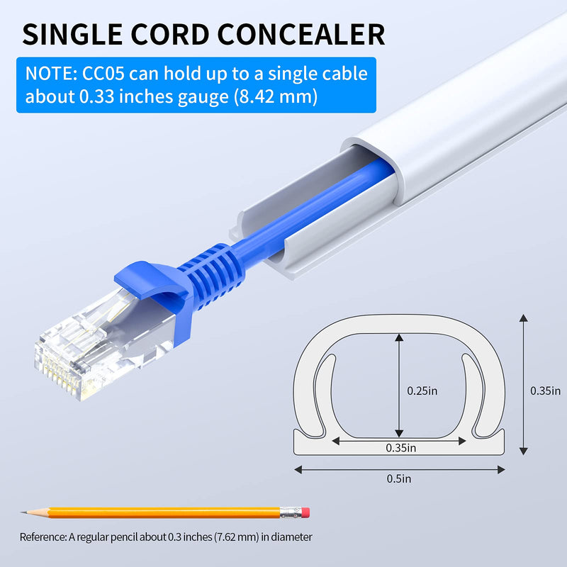 Cord Hider, 142in Mini Wire Cable Cover, PVC Cable Concealer Channel, Paintable Cord Cover to Hide Speaker Wire, Ethernet Cable, 9X L15.7in W0.48in H0.32in, CC05 White