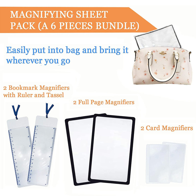 MagDepo Full Page Magnifying Sheet 4.75" x 7" Set -Bonus 2 Bookmark Magnifier with Ruler & 2 Card Magnifier for Reading Books, Magazine, Newspaper & People with Low Vision