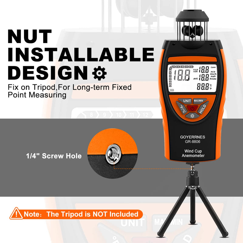 Digital Anemometer Wind Gauge, GR-8806 Handheld Wind Gauge, Wind Gauge Measure Wind Speed m/s, km/h, mph, Knot Temperature ℃/℉ Support Tripod Screw, Data Storage