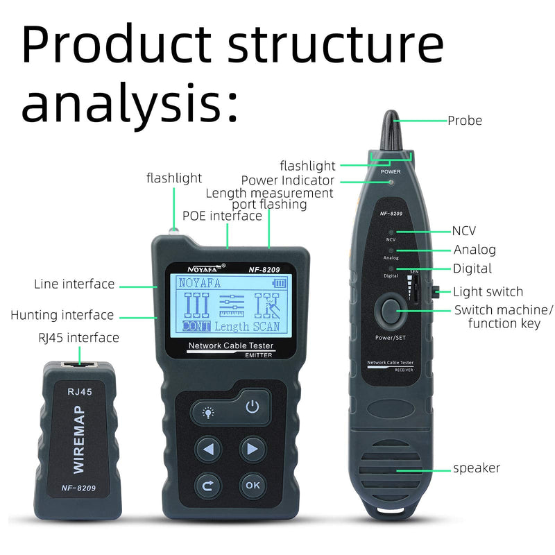Cruiser NF-8209 Network Cable Tester with PoE Wire Tracker CAT5e CAT6 CAT6a Cable Length Measurement NCV Function Scan Cable Wiremap 4 in 1 Tester