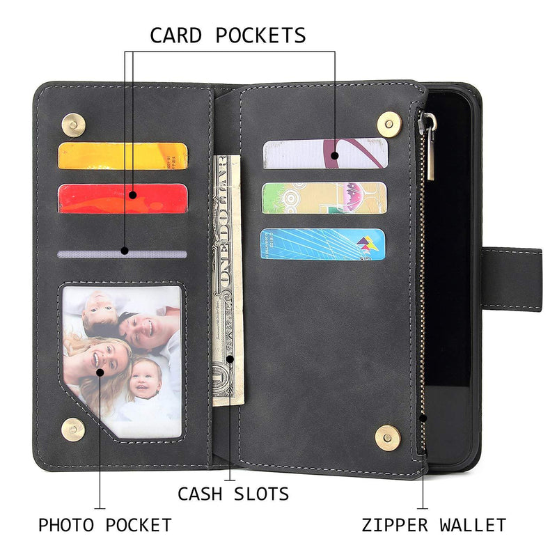 UEEBAI Wallet Case for Samsung Galaxy S8, Premium Vintage PU Leather Magnetic Closure Handbag Zipper Pocket Case Kickstand Card Holder Slots with Wrist Strap TPU Shockproof Flip Cover - Black