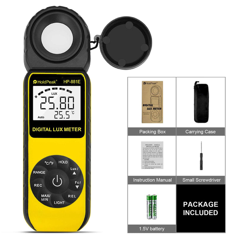 Light Meter-HOLDPEAK 881E Digital Illuminanc/Light Meter with 0.01~300,000 Lux (0.01~30,000 FC) Measuring Ranges and 270° Rotatable Detector for LED Lights and Plants Lumen Meter HP-881E(0.1 - 200,000Lux / 1 - 20,000FC)
