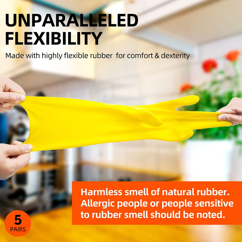 Vgo 5-Pairs Reusable Household Cleaning Gloves, Rubber Dishwashing gloves, Extra Thickness, Long Sleeves for Kitchen, Cleaning, Working, Painting, Gardening, Pet Care (Size M, Yellow, HH4601) Medium 5 Pairs - Yellow