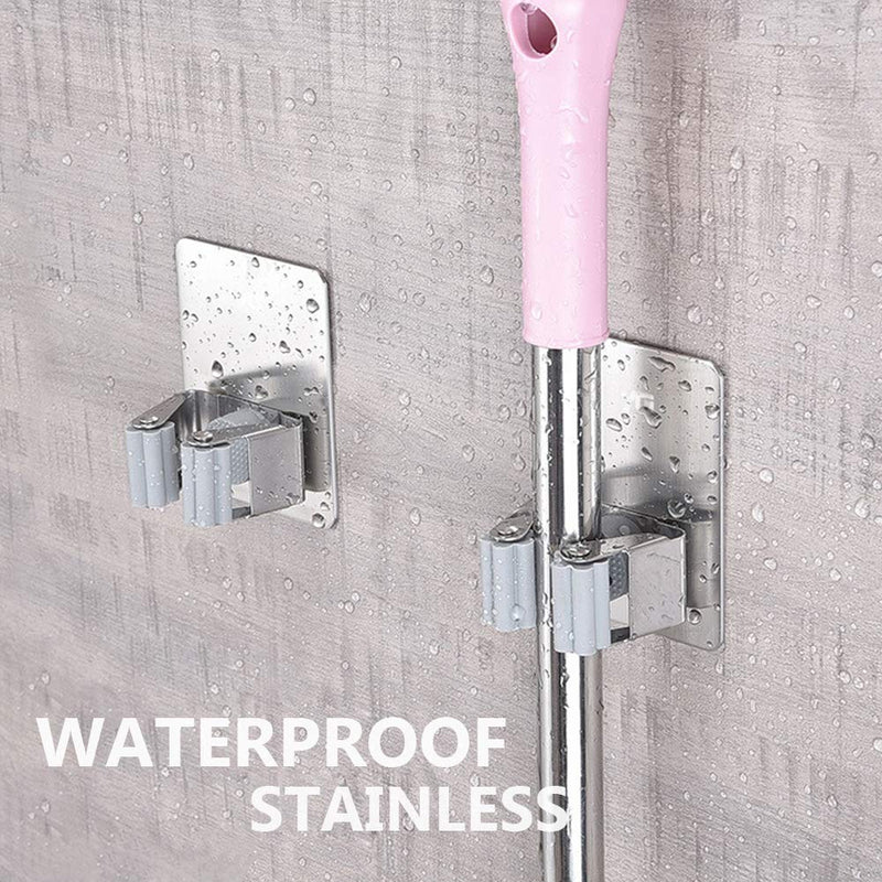 HANZE 2 Pack Stainless Steel Mop Broom Holder Organizer, Self Adhesive Wall Mounted Mop Organizer Storage Rack Clip for Kitchen Bathroom and Garage (Rectangle, Large) 2 Pack (Rectangle)
