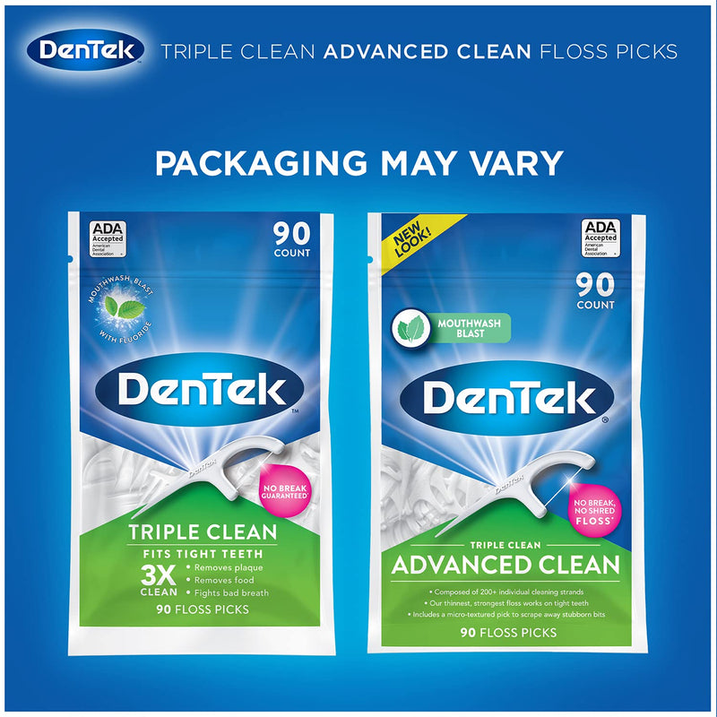 DenTek Triple Clean Advanced Clean Floss Picks, No Break & No Shred Floss, 90 Count 90 Count (Pack of 1)