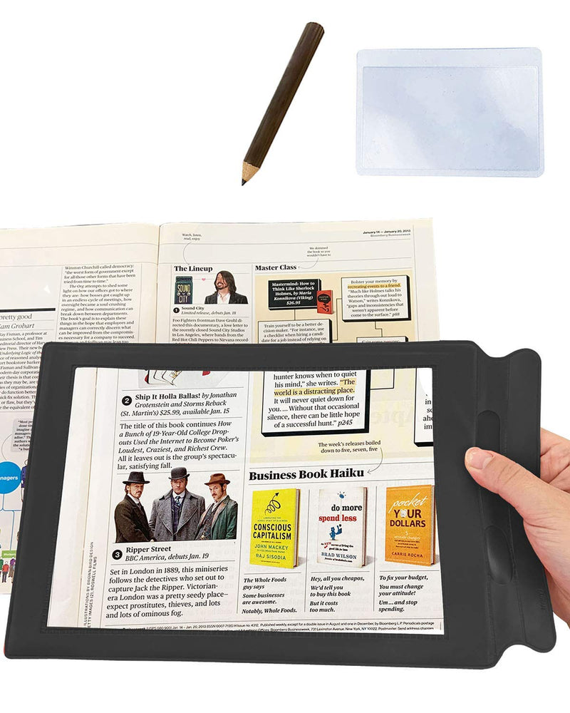 MagDepo Magnifying Sheet Flat Full Page Reading Magnifier with 1 Pencil and 1 Card Magnifier, Perfect Reading Aid for Elderly and People with Low Vision with card magnifier& pencil