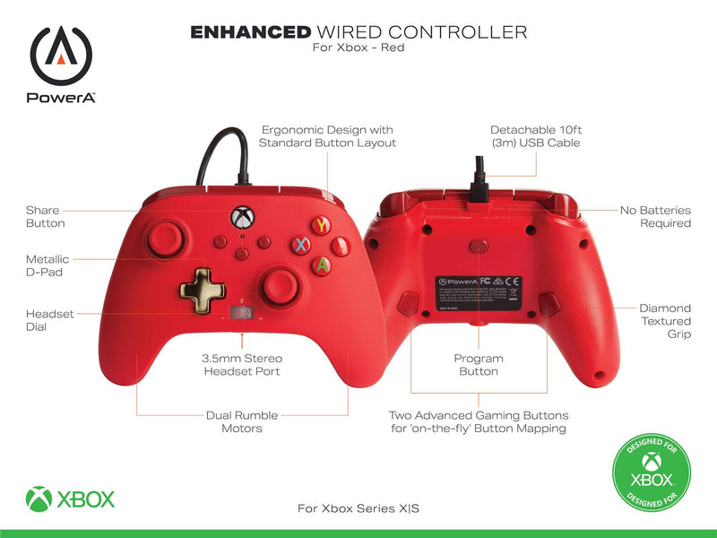 PowerA Enhanced Wired Controller for Xbox - Red, Gamepad, Wired Video Game Controller, Gaming Controller, Xbox Series X|S, Xbox One - Xbox Series X
