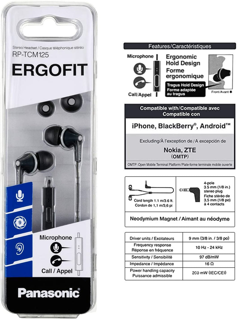 Panasonic ErgoFit Earbud Headphones with Microphone and Call Controller Compatible with iPhone, Android and Blackberry - RP-TCM125-K - In-Ear (Black), Earpads S/M/L Black With Mic