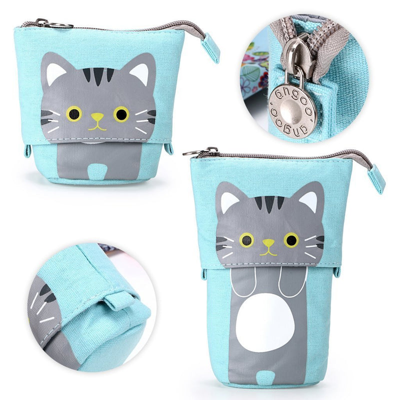 Telescopic Pencil Pouch Standing Pen Holder Cute Pencil Bags Stand Up Pen Case Cartoon Pencil/Pens Storage Box Canvas+PU Stationery Organizer Makeup Bag with Zipper Closure (Blue) Blue