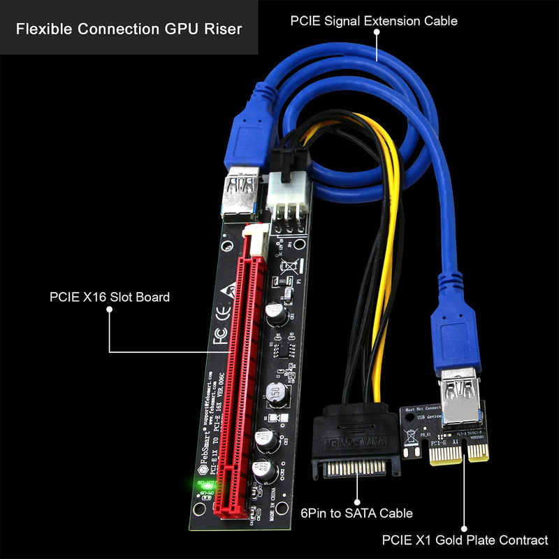 FebSmart PCI-E Riser for Bitcoin Litecoin ETH Coin Mining 6 PIN Powered PCIE Extension Cable GPU Riser Ethereum Mining ETH GPU Extension Cable PCIEX1 to PCIE X16 Extender VER006C GPU Riser(6-PCS) 6PCS/PACK