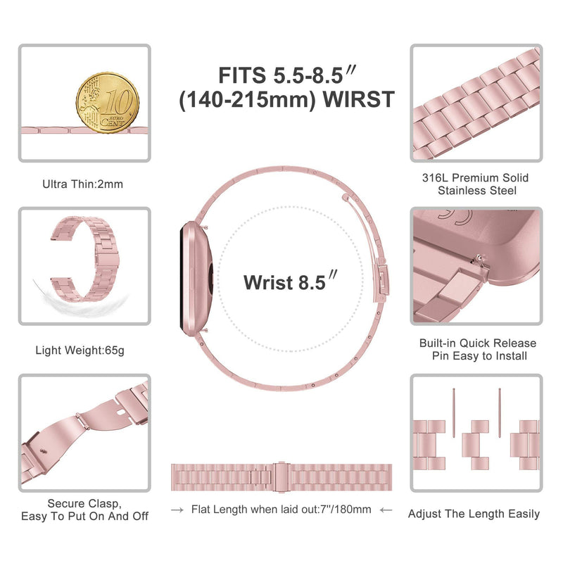 Wearlizer Stainless Steel Compatible for Fitbit Versa/Versa 2 /Versa Lite/Versa SE Bands Women Men,Ultra-Thin Lightweight Replacement Compatible for Fitbit Versa RoseGold