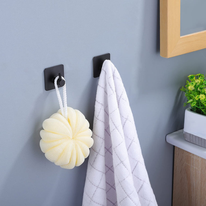 Taozun Towel Bar - Towel Holder with 2 Packs Adhesive Hooks Black 16-Inch Hand Towel Rack Towel Hook Stick on Wall, Stainless Steel Bathroom Hardware Accessory Kit