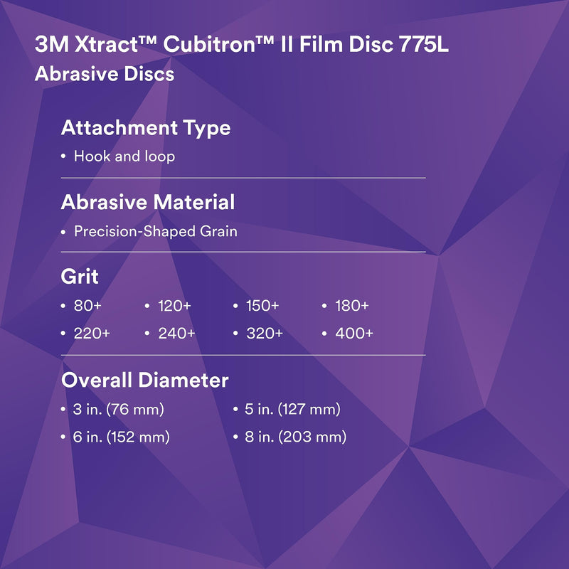 3M Xtract Cubitron, Film Disc 775L, 152mm, 150+, Clean Sand, 50 discs per pack