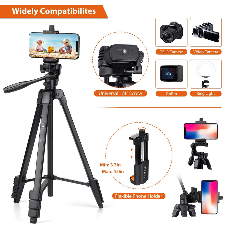PHOPIK Lightweight Phone Tripod 55Inches, Video Tripod with 360 Panorama and 1/4â€ Mounting Screw for Mirrorless/Gopro/DSLR Camera, Phone Holder for Smartphone, Max Load 6.6 Lbs, Carry Bag Inclued